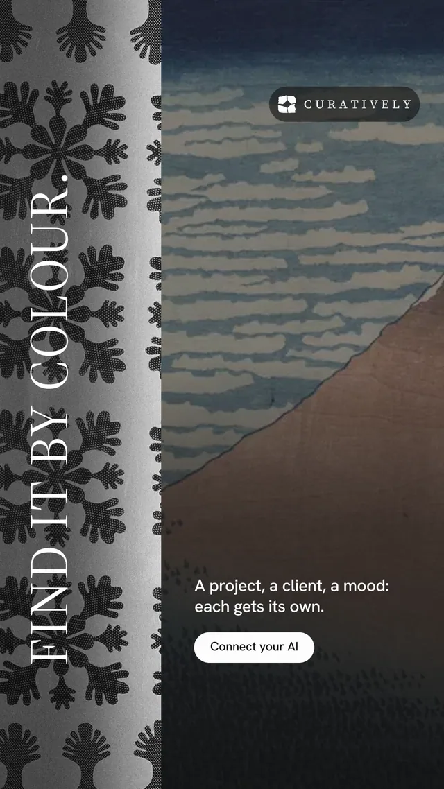 Instagram story for Curatively: "Find it by colour." Photo poster style, vertical layout, dark palette in grey, black.