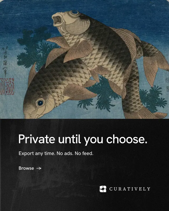 Instagram portrait post for Curatively: "Private until you choose." Minimal luxury style, bottom layout, dark palette in black, blue, grey.