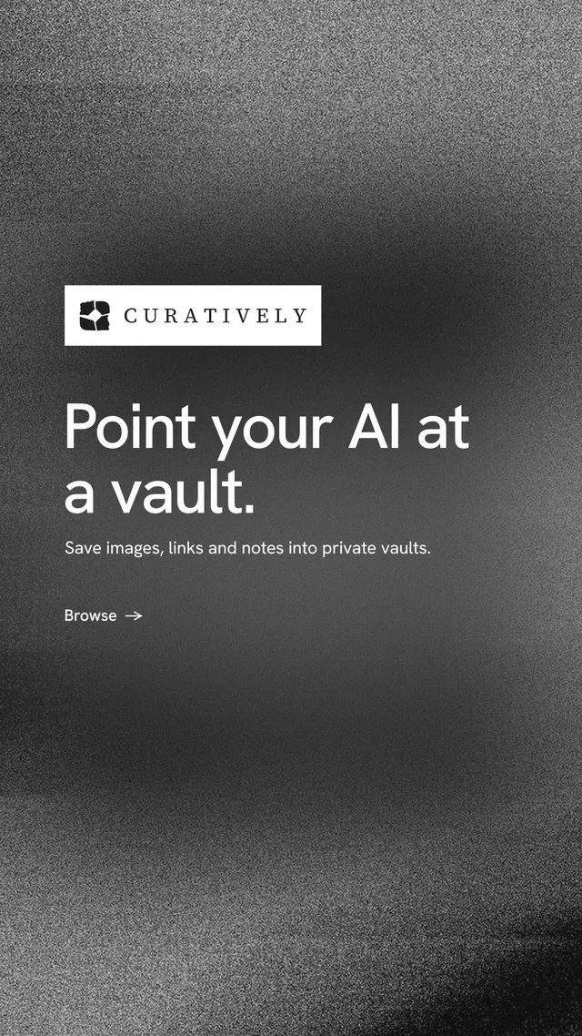 Instagram story for Curatively: "Point your AI at a vault." Minimal luxury style, announce layout, dark palette in grey, black.