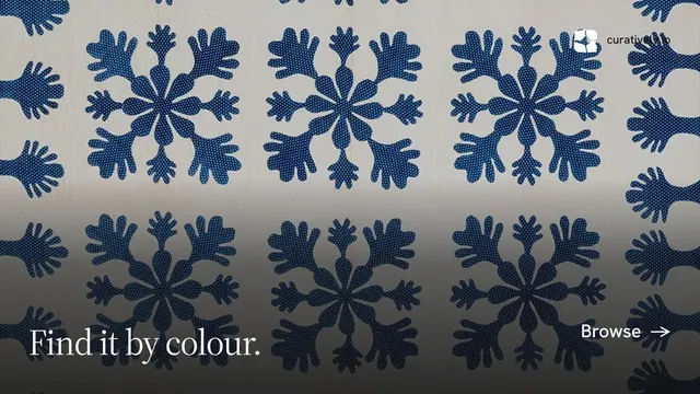 Landscape graphic for Curatively: "Find it by colour." Editorial style, image led layout, dark palette in grey, blue.