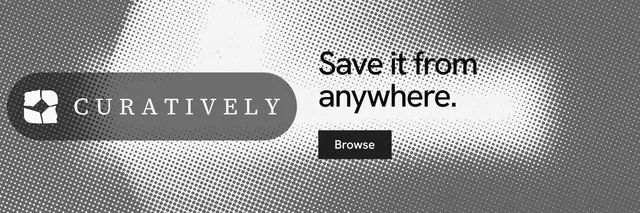 X header for Curatively: "Save it from anywhere." Swiss style, logo hero layout, light palette in grey, white.