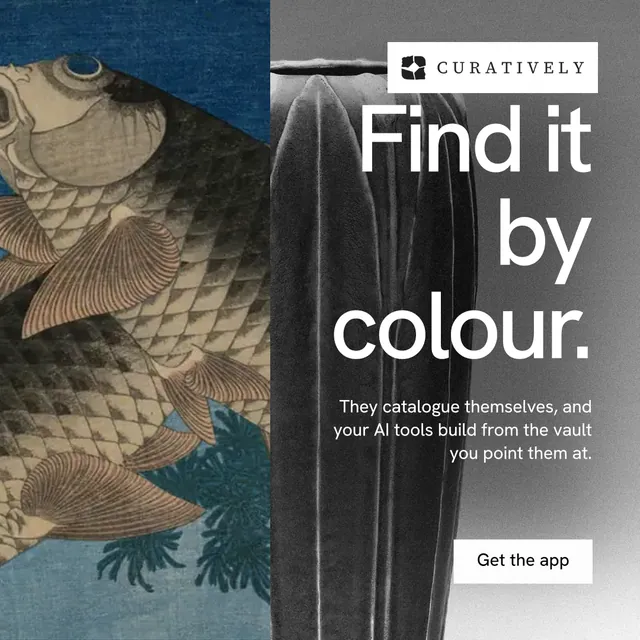 Instagram post for Curatively: "Find it by colour." Swiss style, right layout, dark palette in grey, black, blue.
