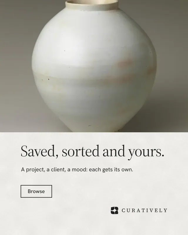 Instagram portrait post for Curatively: "Saved, sorted and yours." Editorial style, bottom layout, light palette in grey, white.