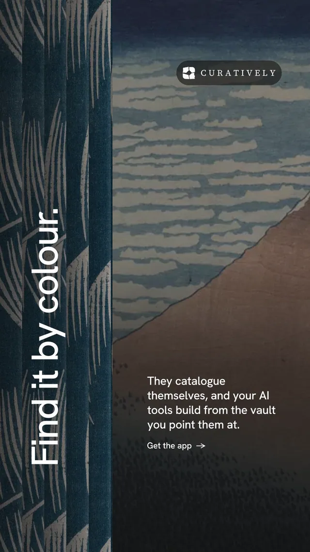 Instagram story for Curatively: "Find it by colour." Minimal luxury style, vertical layout, dark palette in grey, blue, black.