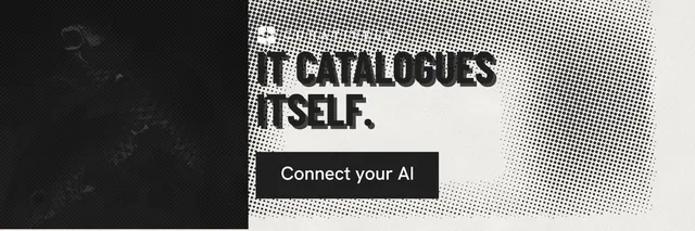 X header for Curatively: "It catalogues itself." Retro print style, skeleton layout, light palette in grey, white, black.