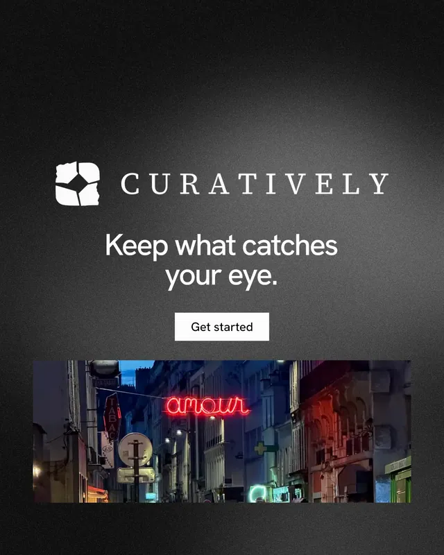 Instagram portrait post for Curatively: "Keep what catches your eye." Swiss style, logo hero layout, dark palette in black, grey.