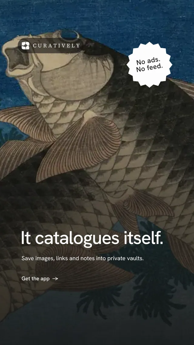 Instagram story for Curatively: "It catalogues itself." Minimal luxury style, sticker layout, dark palette in black, grey, blue.