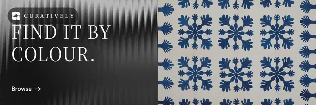 X header for Curatively: "Find it by colour." Minimal luxury style, bottom layout, dark palette in grey, black.