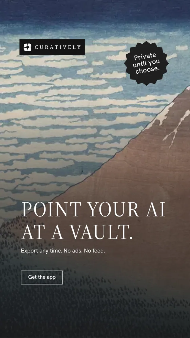 Instagram story for Curatively: "Point your AI at a vault." Editorial style, sticker layout, dark palette in grey, black.