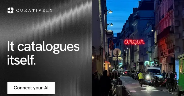 Social ad for Curatively: "It catalogues itself." Swiss style, bottom layout, dark palette in grey, black.