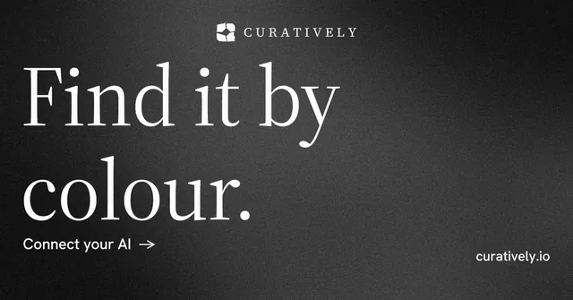 Social ad for Curatively: "Find it by colour." Minimal luxury style, poster layout, dark palette in black, grey.