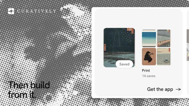Landscape graphic for Curatively: "Then build from it." Swiss style, image led layout, light palette in grey, white.