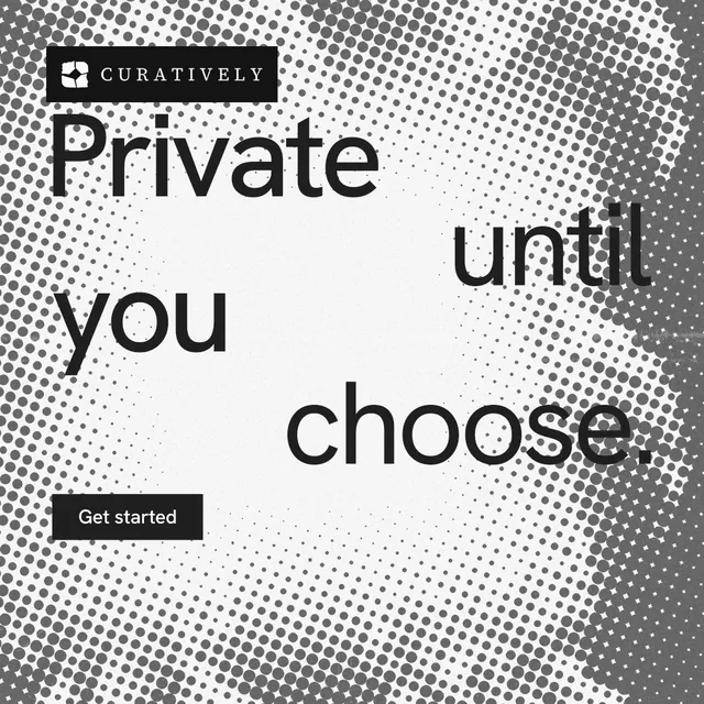 Instagram post for Curatively: "Private until you choose." Swiss style, stacked layout, light palette in grey, white.