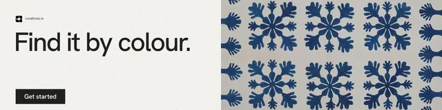 LinkedIn banner for Curatively: "Find it by colour." Swiss style, bottom layout, light palette in white, grey, blue.