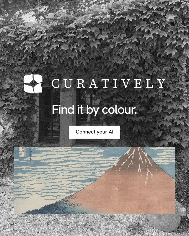 Instagram portrait post for Curatively: "Find it by colour." Swiss style, logo hero layout, light palette in grey, black.