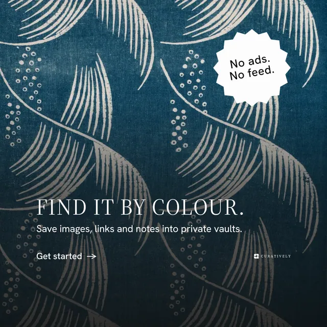 Instagram post for Curatively: "Find it by colour." Minimal luxury style, sticker layout, dark palette in black, blue, grey.
