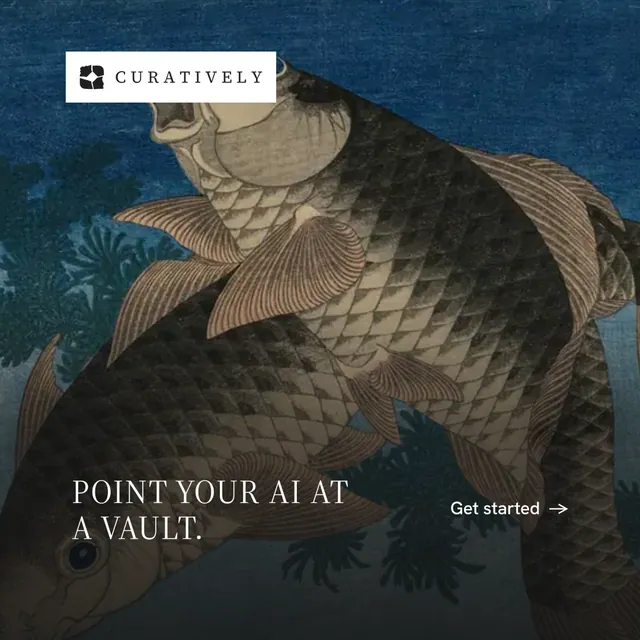 Instagram post for Curatively: "Point your AI at a vault." Editorial style, image led layout, dark palette in black, blue, grey.