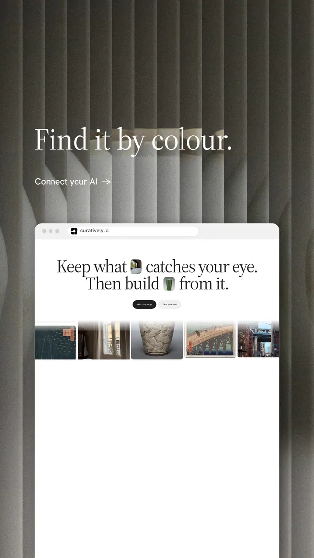 Instagram story for Curatively: "Find it by colour." Minimal luxury style, browser layout, light palette in black, white, grey.