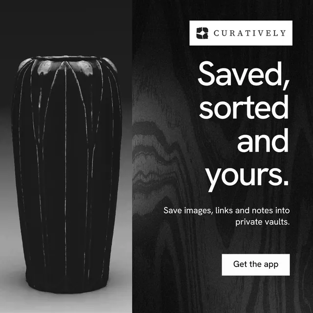 Instagram post for Curatively: "Saved, sorted and yours." Swiss style, right layout, dark palette in black, grey.
