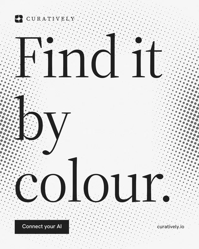 Instagram portrait post for Curatively: "Find it by colour." Split block style, poster layout, light palette in white, grey.