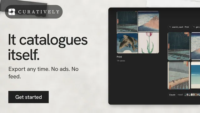 Landscape graphic for Curatively: "It catalogues itself." Swiss style, bottom layout, light palette in black, white, grey.