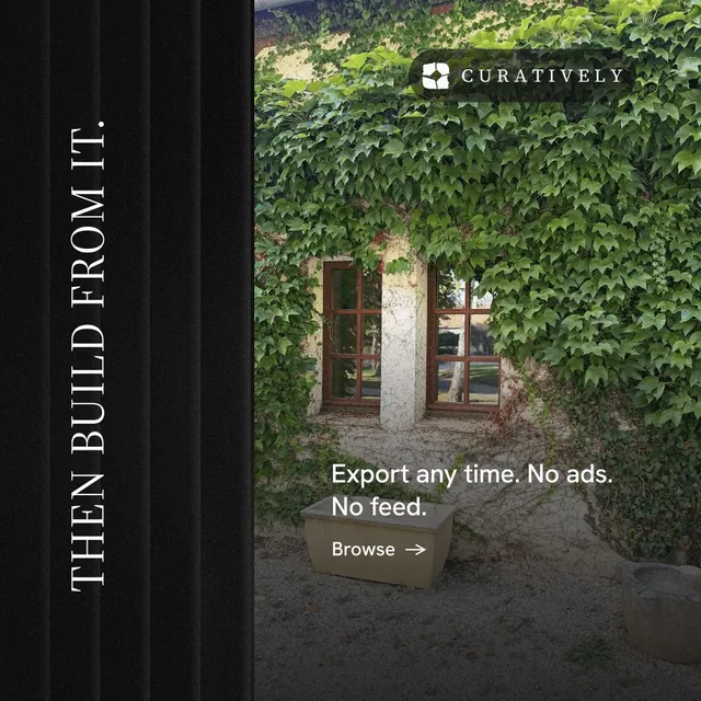 Instagram post for Curatively: "Then build from it." Minimal luxury style, vertical layout, dark palette in black, grey.