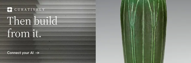 X header for Curatively: "Then build from it." Minimal luxury style, bottom layout, light palette in grey, green.