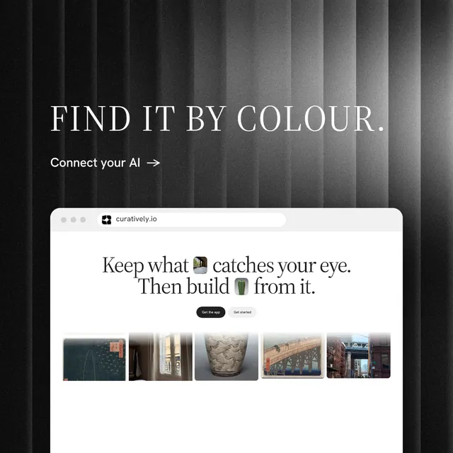 Instagram post for Curatively: "Find it by colour." Minimal luxury style, browser layout, light palette in black, grey, white.