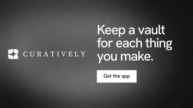 Landscape graphic for Curatively: "Keep a vault for each thing you make." Swiss style, logo hero layout, dark palette in black, grey.