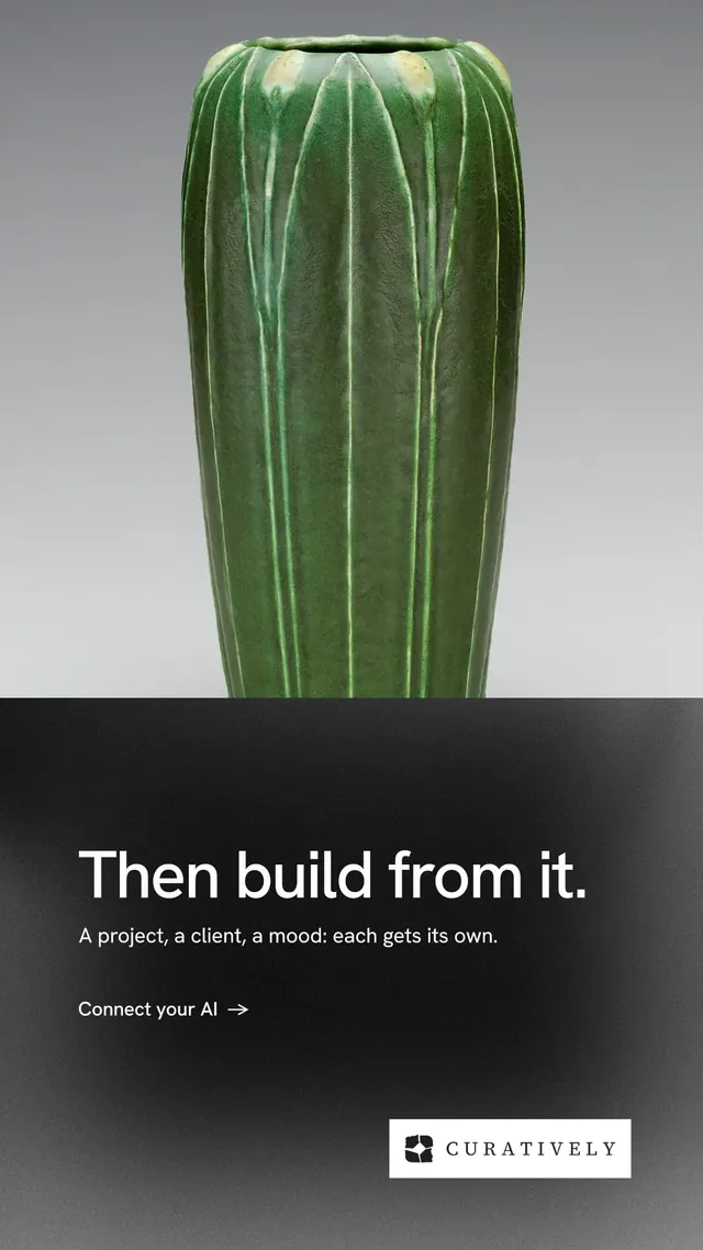 Instagram story for Curatively: "Then build from it." Minimal luxury style, bottom layout, dark palette in grey, black, white.