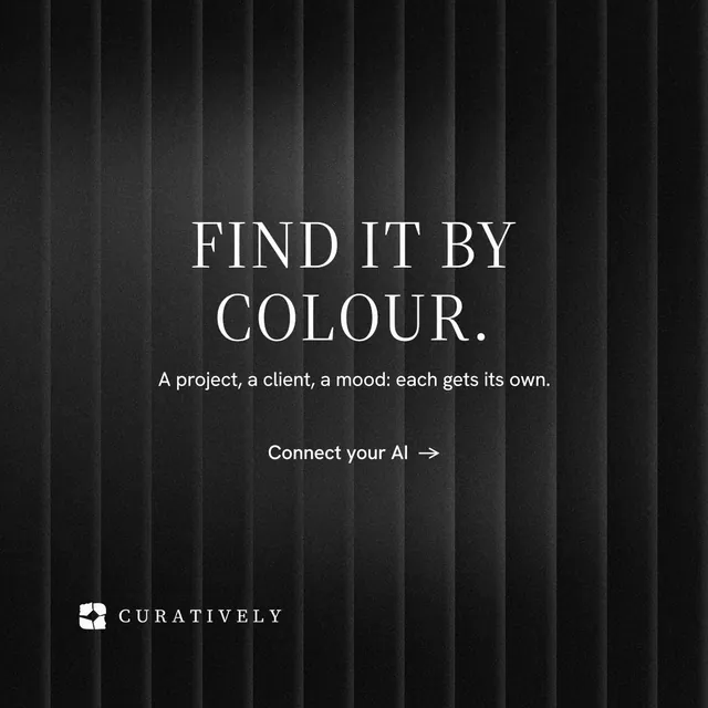 Instagram post for Curatively: "Find it by colour." Minimal luxury style, centred layout, dark palette in black, grey.