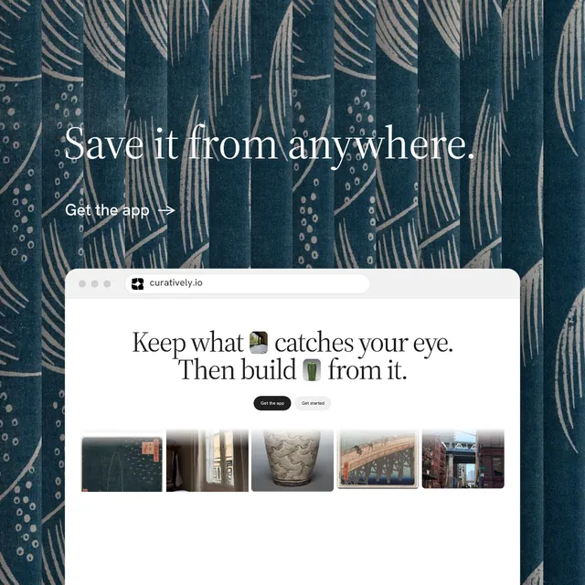 Instagram post for Curatively: "Save it from anywhere." Minimal luxury style, browser layout, light palette in white, grey, blue.