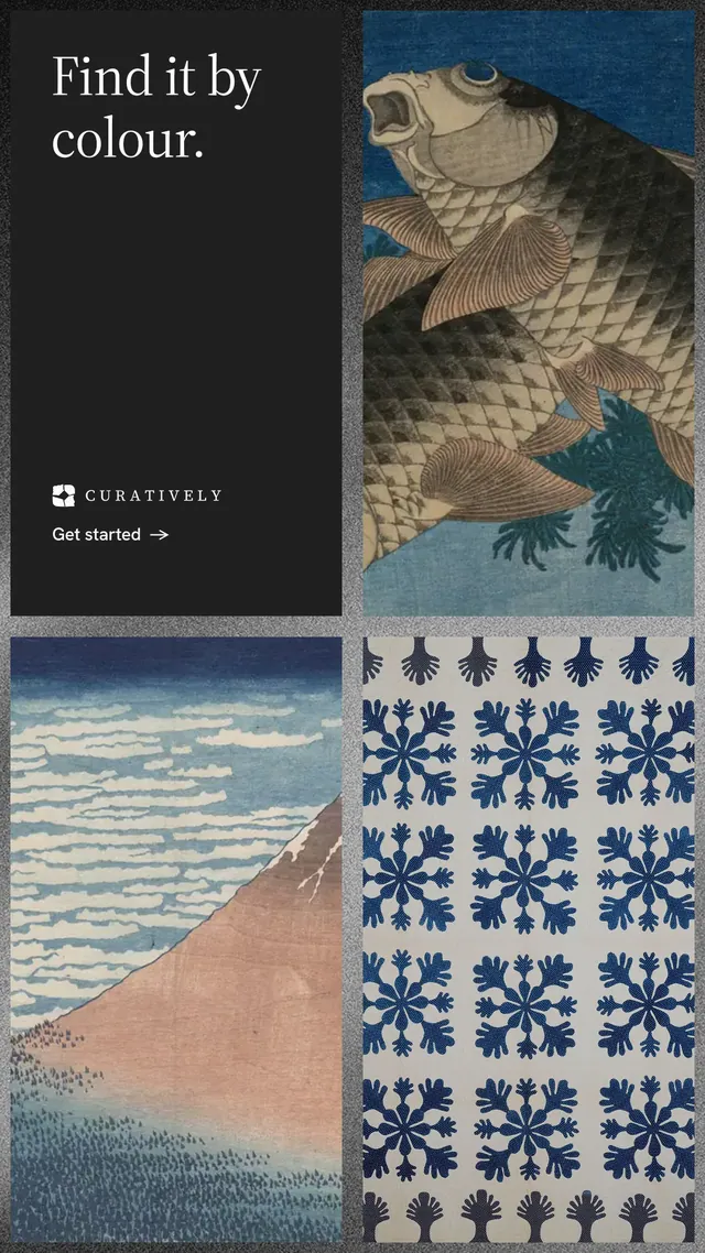 Instagram story for Curatively: "Find it by colour." Minimal luxury style, collage layout, dark palette in black, grey.