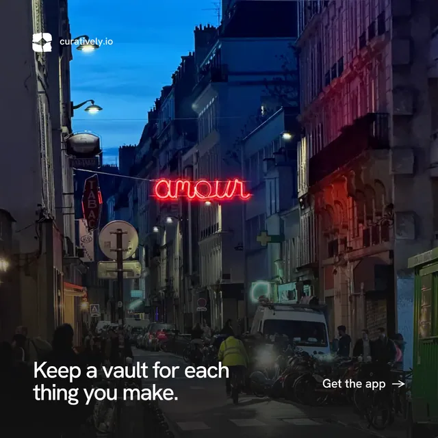 Instagram post for Curatively: "Keep a vault for each thing you make." Swiss style, image led layout, dark palette in black, pink, blue.