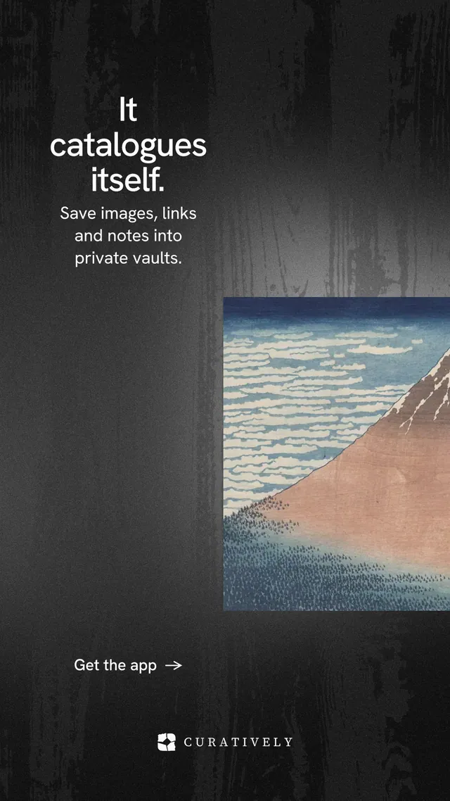 Instagram story for Curatively: "It catalogues itself." Minimal luxury style, skeleton layout, dark palette in grey, black.