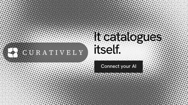 Landscape graphic for Curatively: "It catalogues itself." Swiss style, logo hero layout, light palette in grey, white.