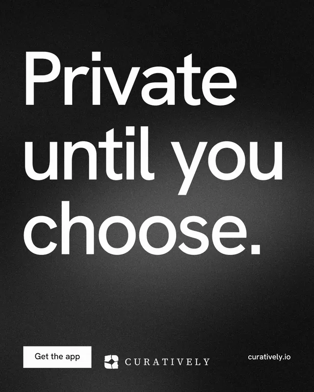 Instagram portrait post for Curatively: "Private until you choose." Swiss style, poster layout, dark palette in black, grey.