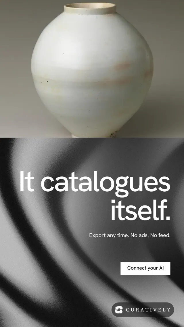 Instagram story for Curatively: "It catalogues itself." Swiss style, right layout, light palette in grey, black, white.