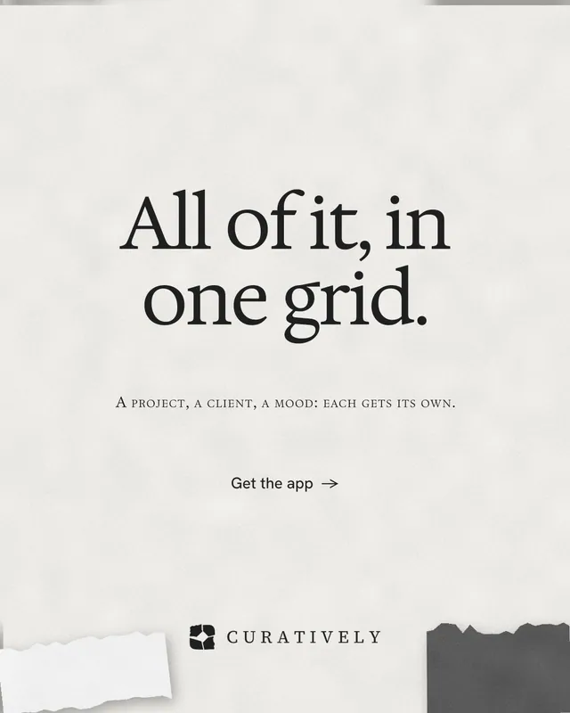 Instagram portrait post for Curatively: "All of it, in one grid." Editorial style, smallcaps layout, light palette in white, grey.
