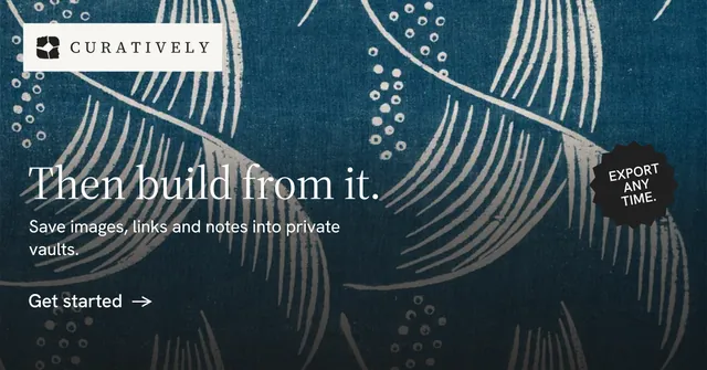 Social ad for Curatively: "Then build from it." Minimal luxury style, sticker layout, dark palette in blue, grey.