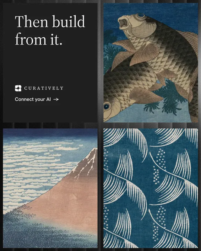 Instagram portrait post for Curatively: "Then build from it." Minimal luxury style, collage layout, dark palette in black, blue, grey.