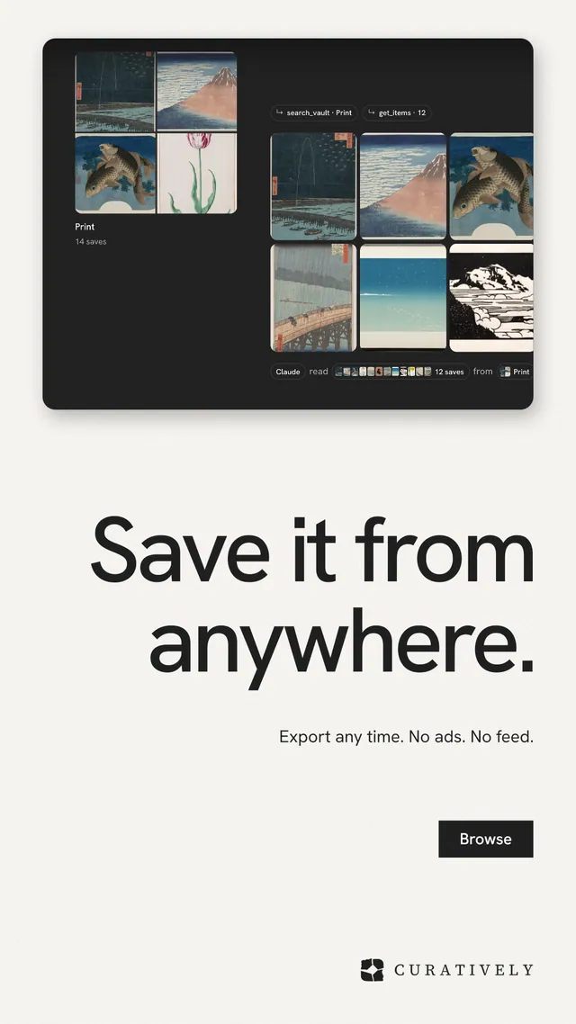 Instagram story for Curatively: "Save it from anywhere." Swiss style, right layout, light palette in white, black, grey.