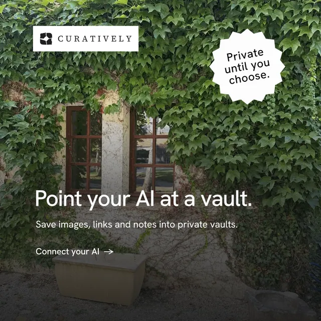 Instagram post for Curatively: "Point your AI at a vault." Minimal luxury style, sticker layout, dark palette in black, green, grey.