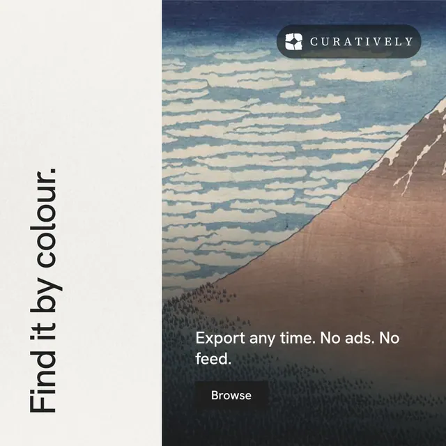 Instagram post for Curatively: "Find it by colour." Swiss style, vertical layout, light palette in black, grey, white.