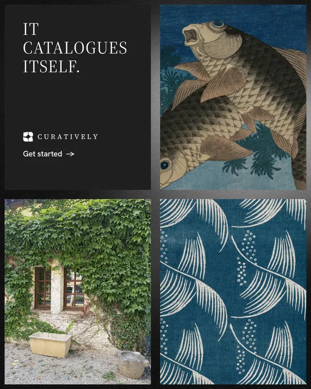 Instagram portrait post for Curatively: "It catalogues itself." Minimal luxury style, collage layout, dark palette in black, teal, grey.
