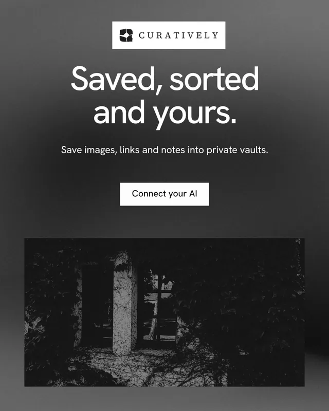 Instagram portrait post for Curatively: "Saved, sorted and yours." Swiss style, centred layout, dark palette in black, grey.