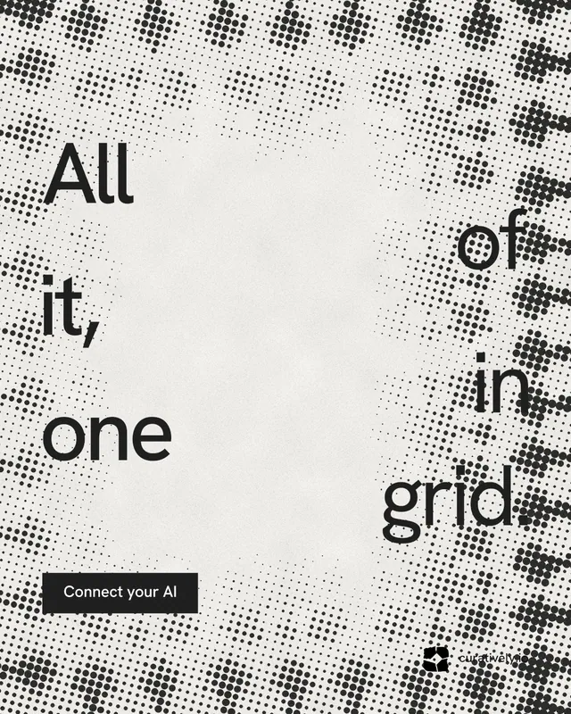 Instagram portrait post for Curatively: "All of it, in one grid." Swiss style, stacked layout, light palette in grey, white.