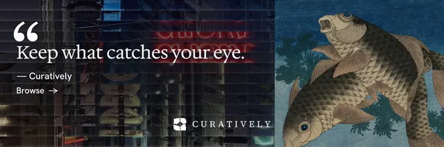 X header for Curatively: "Saved, sorted and yours." Minimal luxury style, quote layout, dark palette in blue, grey, black.