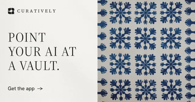 Social ad for Curatively: "Point your AI at a vault." Minimal luxury style, bottom layout, light palette in grey, white, blue.