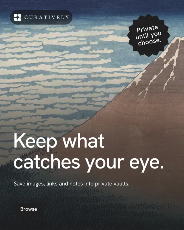 Instagram portrait post for Curatively: "Keep what catches your eye." Split block style, sticker layout, dark palette in grey, black.